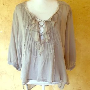 Free people grey cotton/silk trim lace up blouse